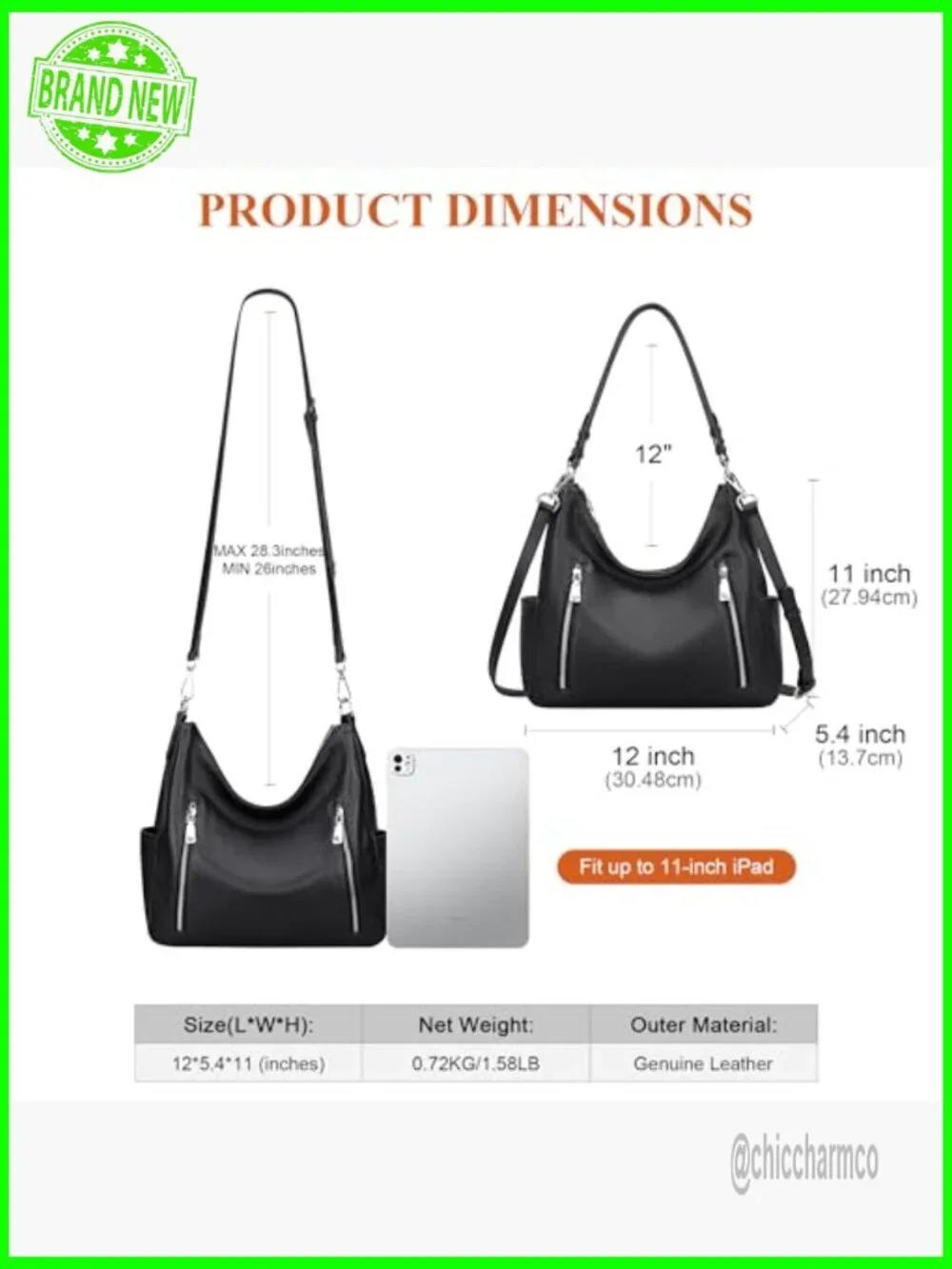 Genuine Leather Hobo Shoulder Bag Crossbody Medium Size 12x11 Inches